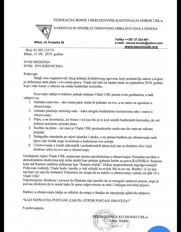 Štrajk prosvjetara USK-a